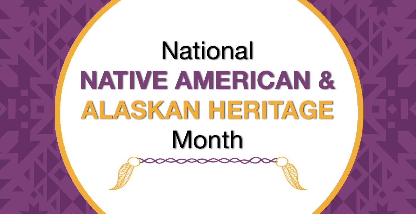  purple and yellow background with national native American month printed on it 